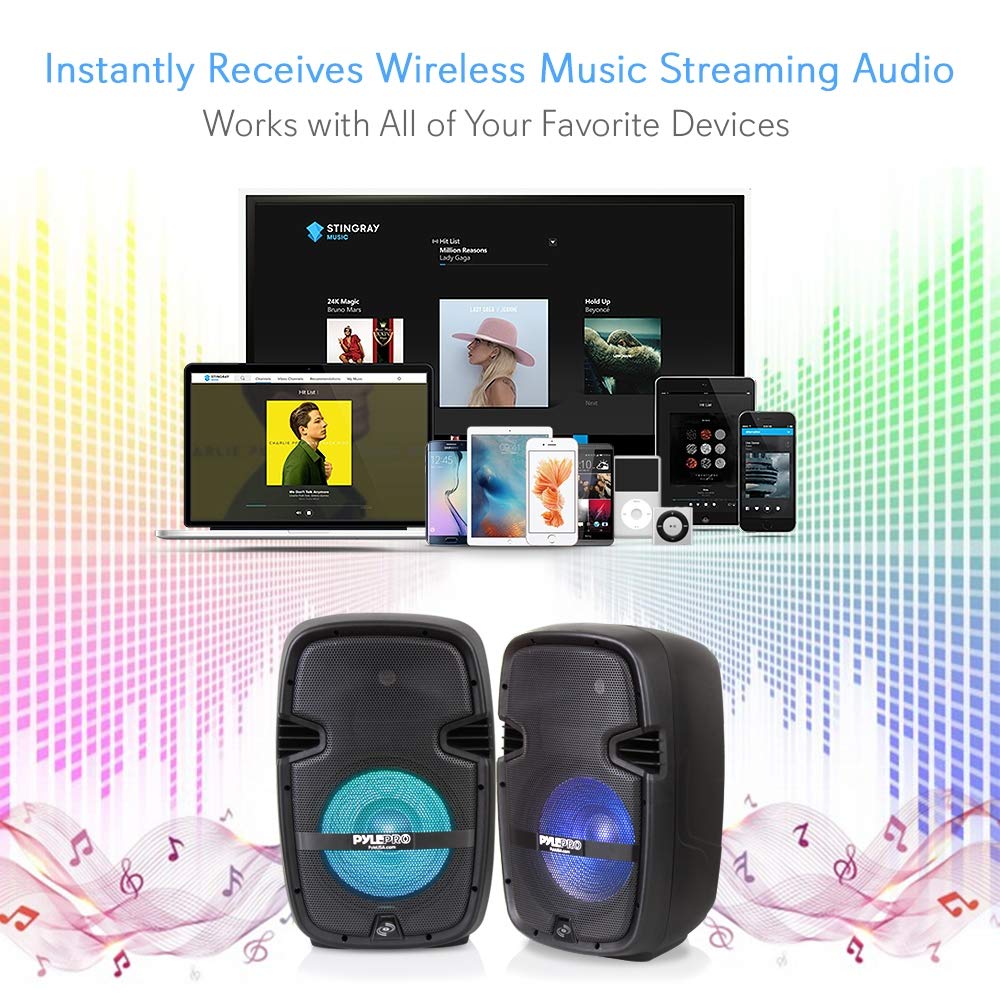 Pyle PA Speaker DJ Mixer Bundle - Portable Wireless Bluetooth Sound System w/ USB SD XLR 1/4" RCA Inputs, LED Lights - Dual Speaker, Mixer, Microphone, Stand, Cable - Home/Outdoor PPHP210AMX,Black