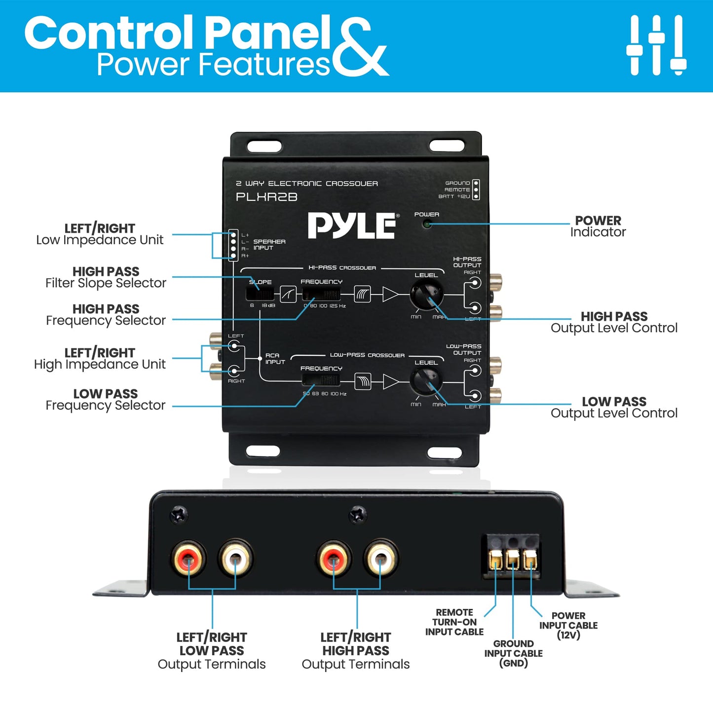 Pyle 2-Way Electronic Audio Crossover Network - Hi-Pass/Low-Pass 6dB/18dB Octave Slope - Power LED Indicator - 4 RCA Outputs - 2 RCA Inputs - Remote Subwoofer Control & Parallel Input Switch - PLXR2B