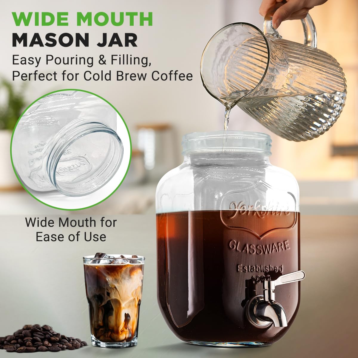 NutriChef 1-Gallon Cold Brew Coffee Maker - Wide-Mouth Glass Mason Jar Style w/Stainless Steel Spigot Tap & Reusable Mesh Filter - Leak Resistant, Drip-Free, & Easy to Clean