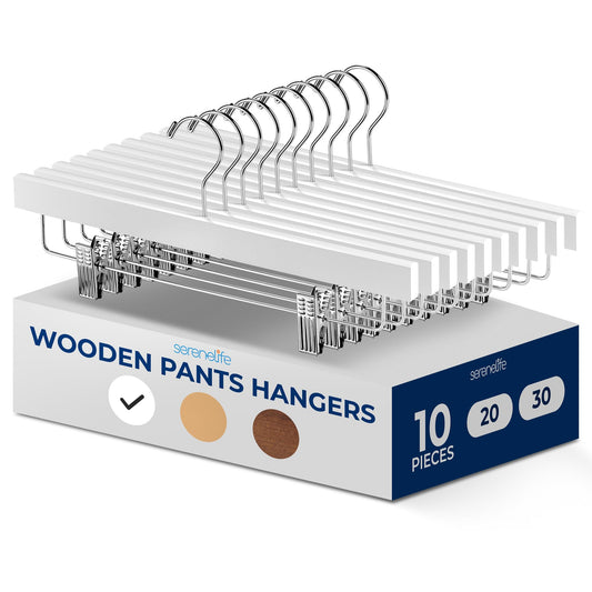 SereneLife 10 Pack Wooden Pants Hangers with Clips – Premium Heavy Duty Clothes Hangers for Jeans, Slacks, Skirts, Shorts, Uniforms – 360° Swivel Hook, Adjustable Clips, 13.97"x0.5"x6.69" (White)