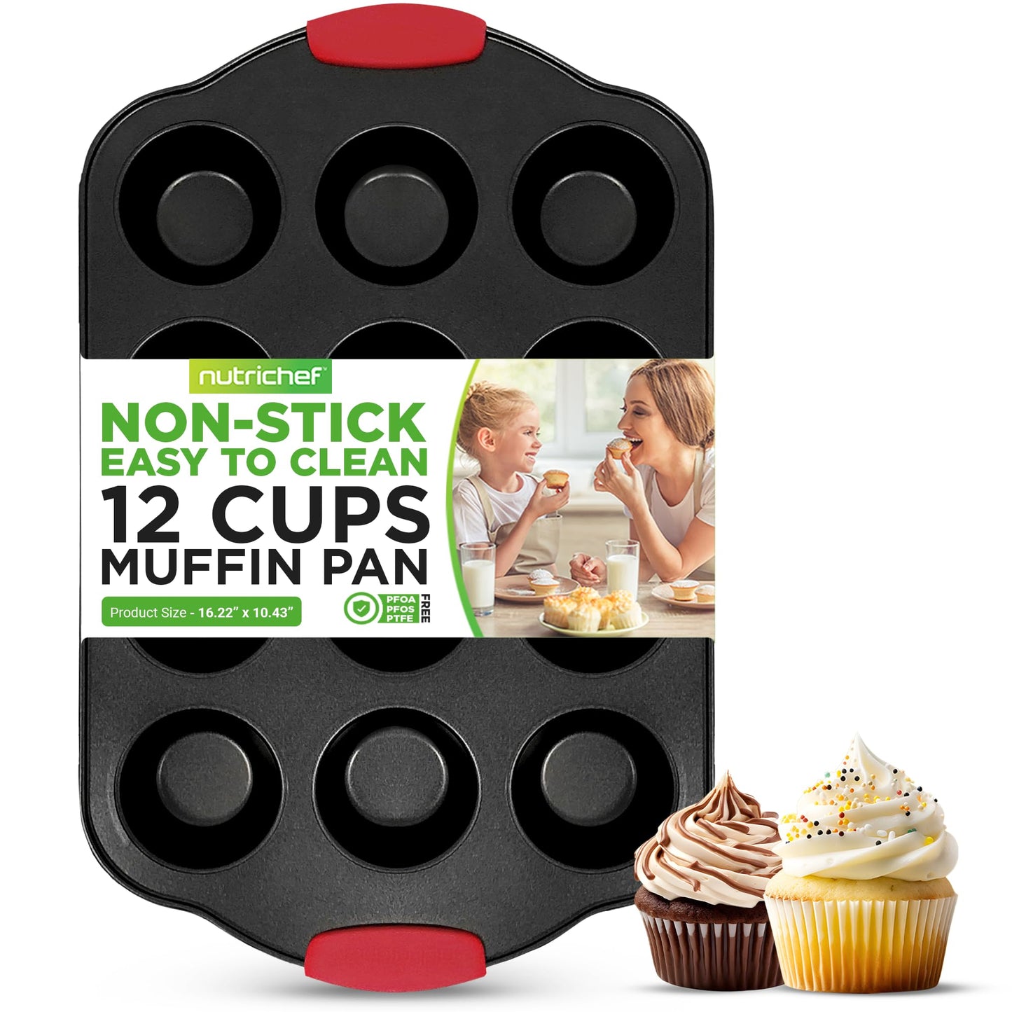 Nutrichef 12 Cup Muffin Pan, Durable and Nonstick Carbon Steel Bake Pan with Silicone Handles, Kitchen Essential Cupcake Pan, Stain Resistant, Easy Clean, PFOA, PFOS, PTFE Free, 16.22'' x 10.43''