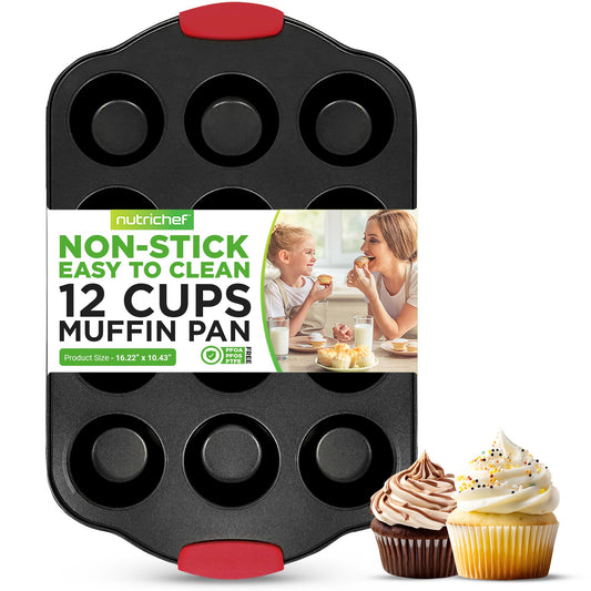 Nutrichef 12 Cup Muffin Pan, Durable and Nonstick Carbon Steel Bake Pan with Silicone Handles, Kitchen Essential Cupcake Pan, Stain Resistant, Easy Clean, PFOA, PFOS, PTFE Free, 16.22'' x 10.43''