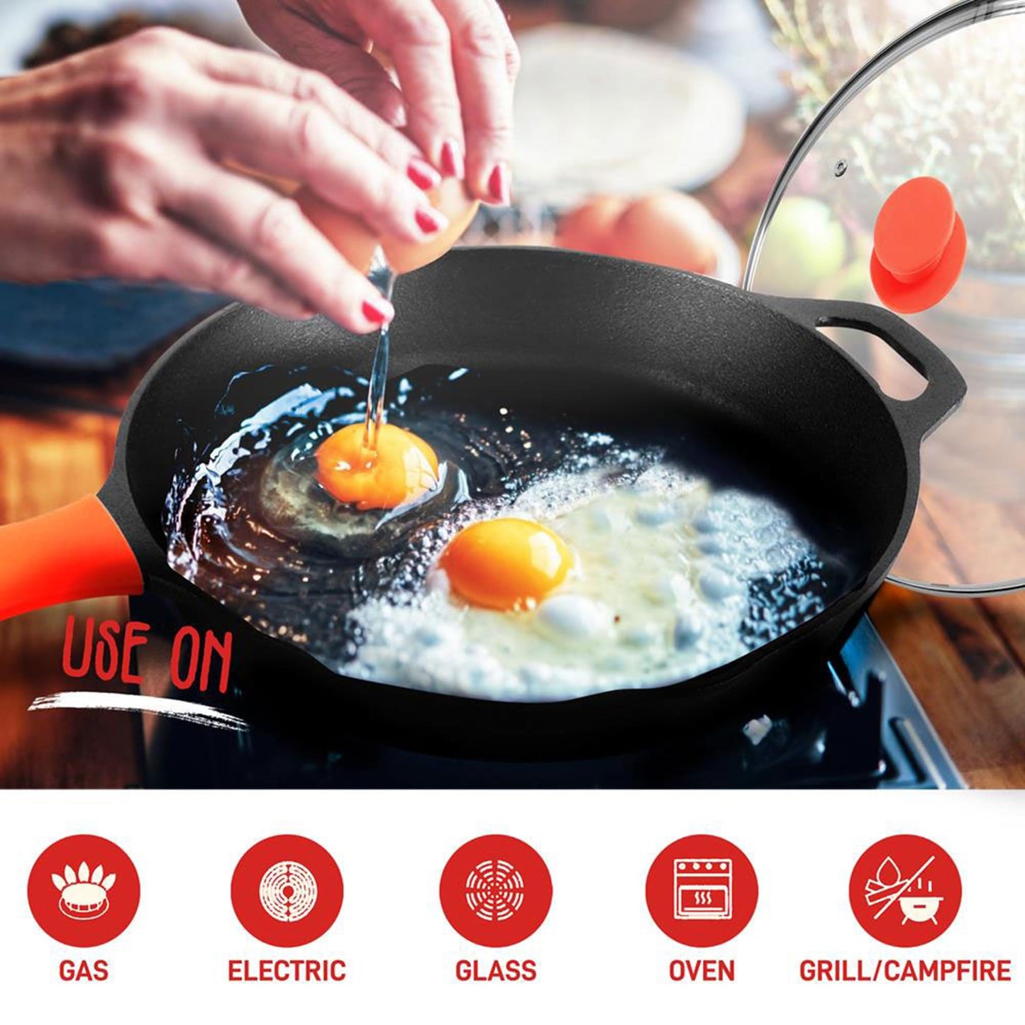 NutriChef 10 Inch Cast Iron Skillet with Lid - Pre-Seasoned Small Fry Pan with Side Drip Spout and Silicone Handle