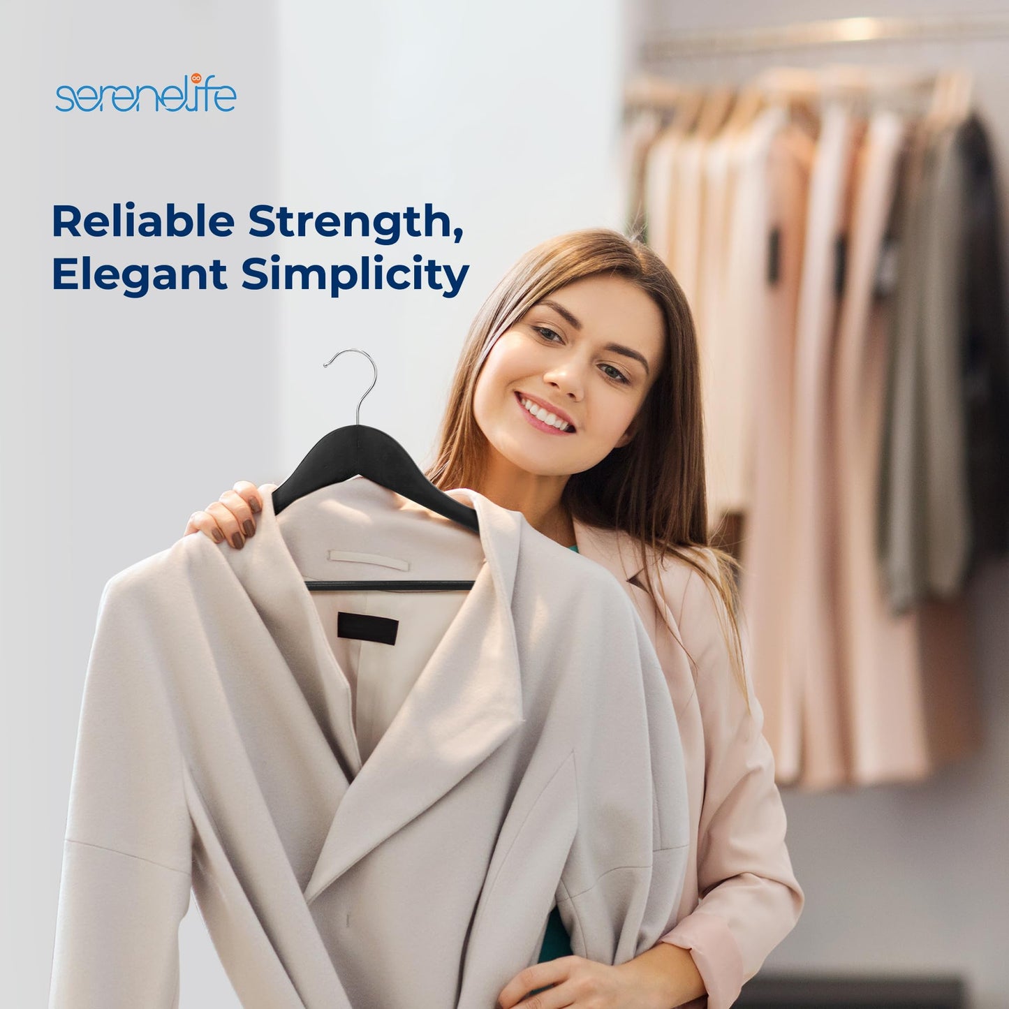 SereneLife 50-Pack Wooden Coat Hangers – Durable Suit Hangers with 360° Swivel Hook & Notches – Slim Design for Shirts, Jackets, Dresses, and More