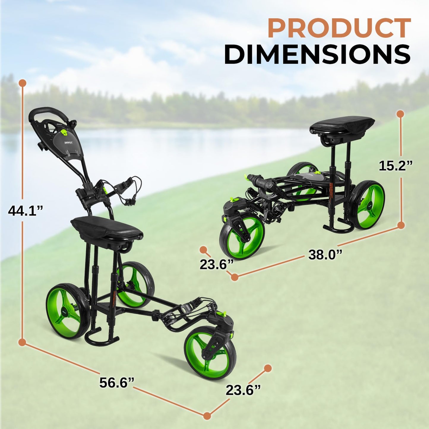 JOVIAL 3 Wheel Golf Push Pull Cart with Built-in Seat for Relaxation - Lightweight, Foldable, Collapsible, Golf Caddy Accessories, Includes Scorecard Holder, Water Bottle/Mobile/Umbrella/Towel Holder