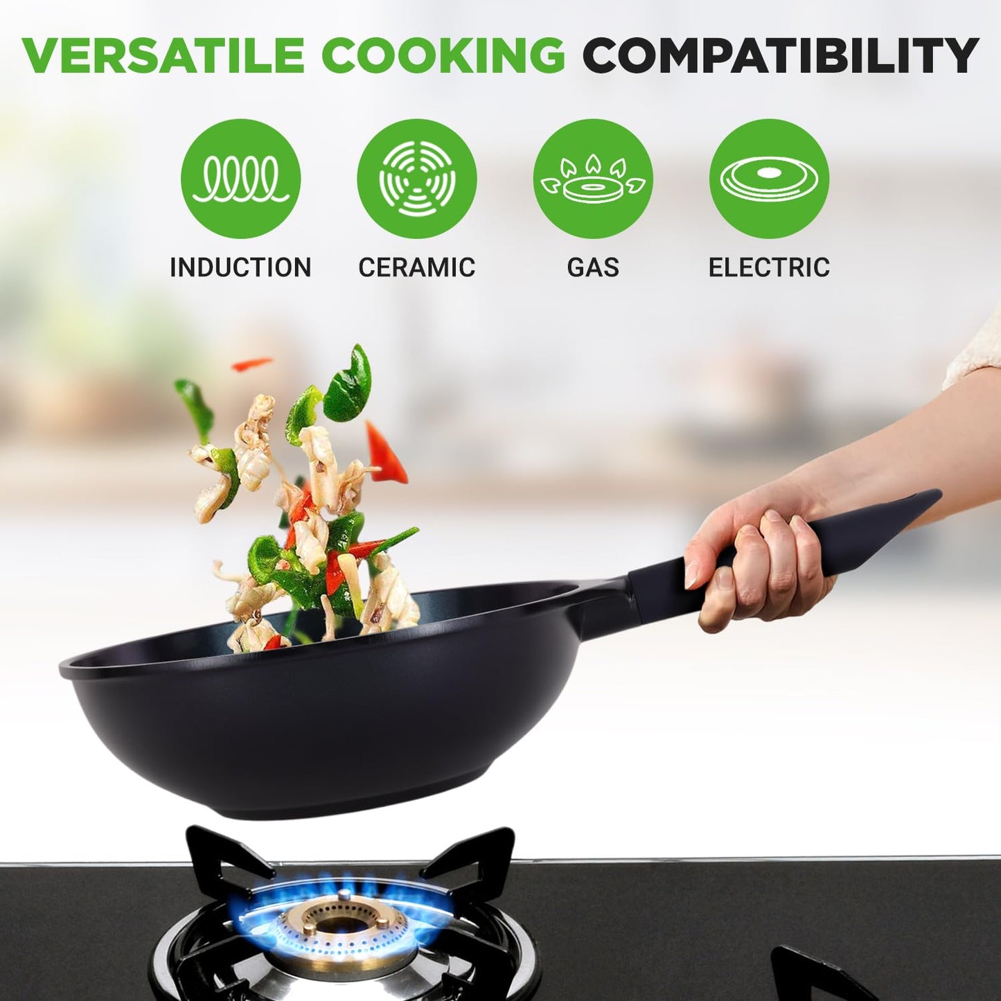 NutriChef 5-Piece Frying Pan Cooking Set, Non-Stick Ceramic Pan Set with Grill Pan and Wok, Stain-Resistant Frying Pans With Cool-Touch Handles, Tempered Glass Lid, PTFE/PFOA/PFOS Free (Blue)
