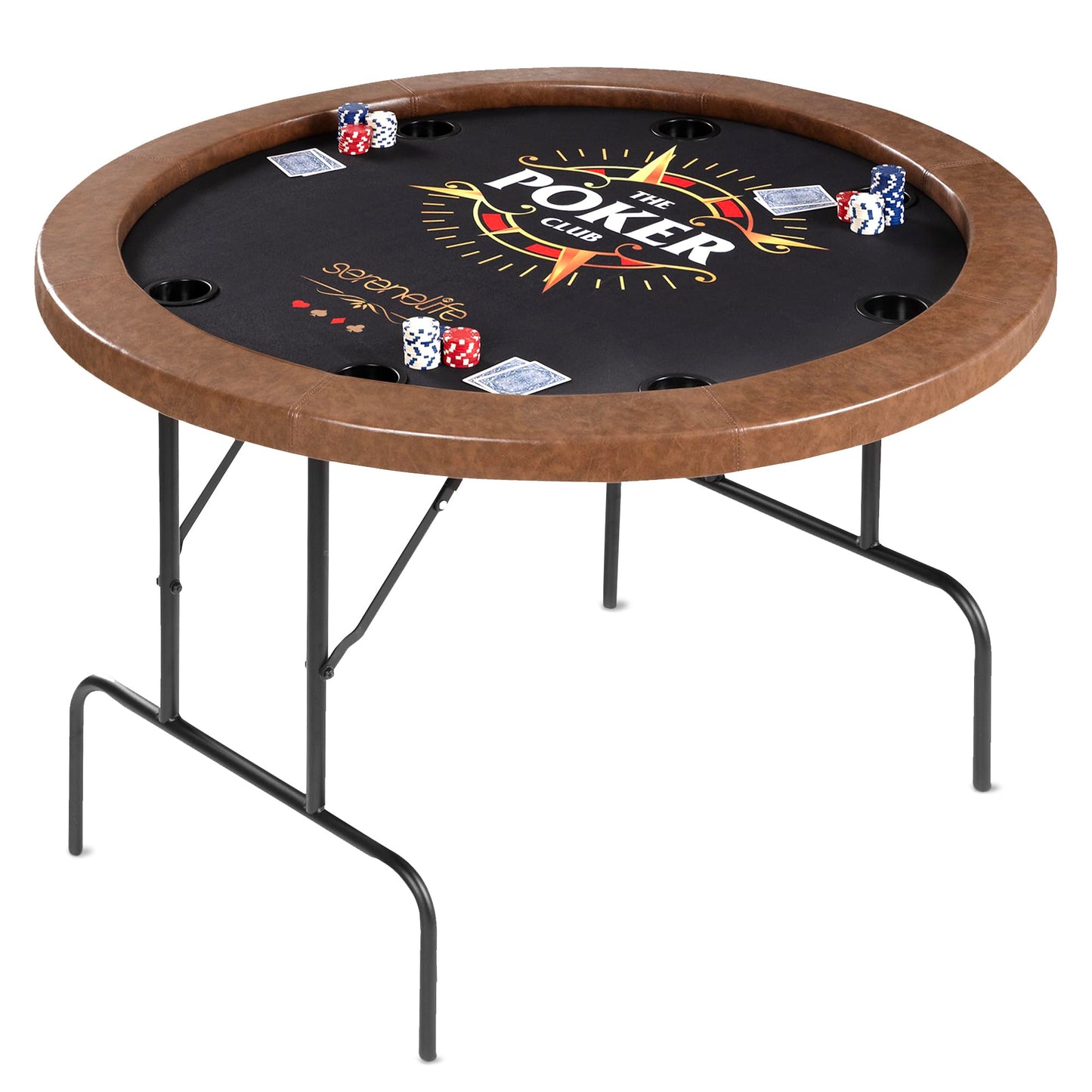 SereneLife 8- Player Round Foldable Poker Table, Casino Leisure Texas Holdem Table, w/ water Resistant Cushioned Rail, 8 Cup Holders, Brown Felt Surface, Black Jack Board & Family Games (Chocolate)