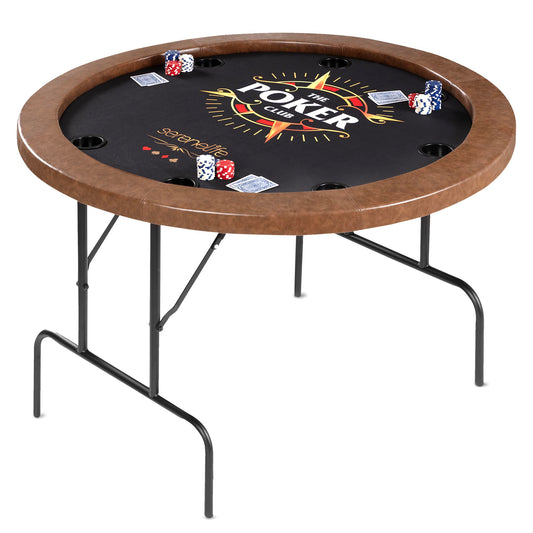 SereneLife 8- Player Round Foldable Poker Table, Casino Leisure Texas Holdem Table, w/ water Resistant Cushioned Rail, 8 Cup Holders, Brown Felt Surface, Black Jack Board & Family Games (Chocolate)