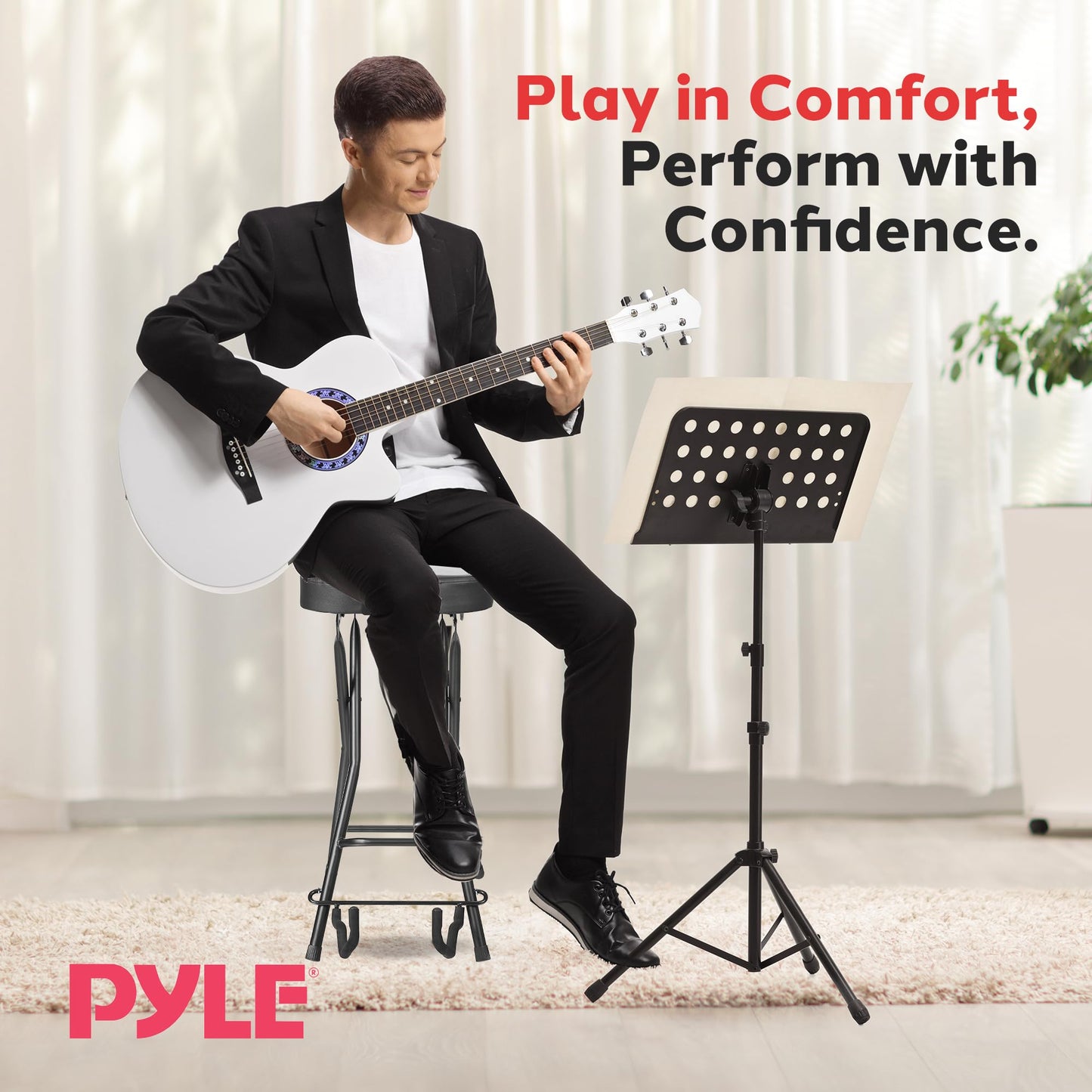 Pyle Adjustable Guitar Seat with Built-In Stand, EVA Foam Padded Cradles, Removable Backrest, Non-Slip Rubber Feet, Collapsible Design – Fits Acoustic, Electric & Bass Guitars – 300 lbs Capacity