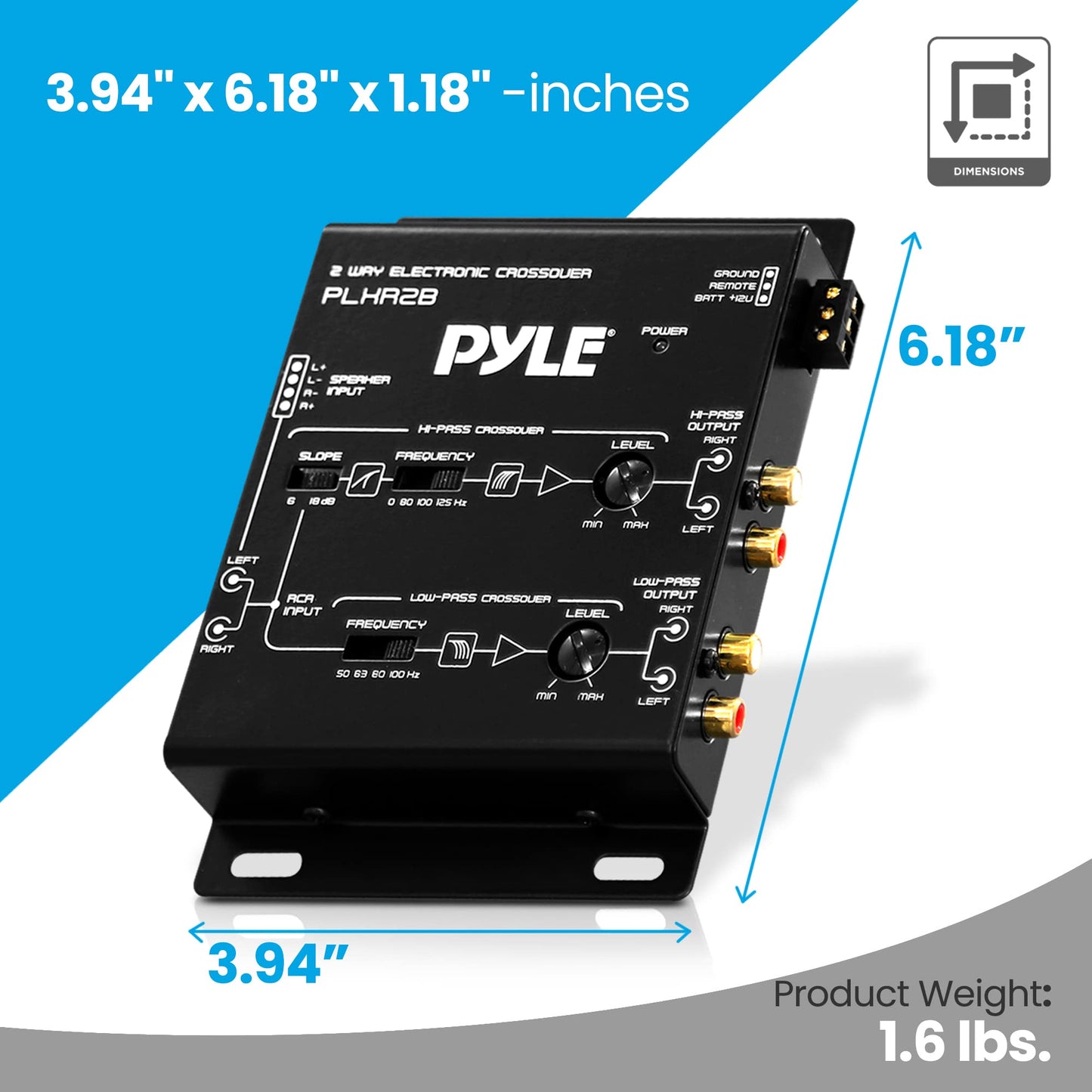 Pyle 2-Way Electronic Audio Crossover Network - Hi-Pass/Low-Pass 6dB/18dB Octave Slope - Power LED Indicator - 4 RCA Outputs - 2 RCA Inputs - Remote Subwoofer Control & Parallel Input Switch - PLXR2B