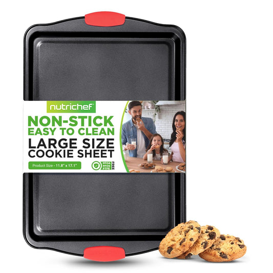 NutriChef Large Nonstick Cookie Sheet for Baking - 17" x 11" Carbon Steel Kitchen Oven Baking Pan, Premium Restaurant Grade Bakeware w/Red Silicone Handles - Easy to Clean, Black