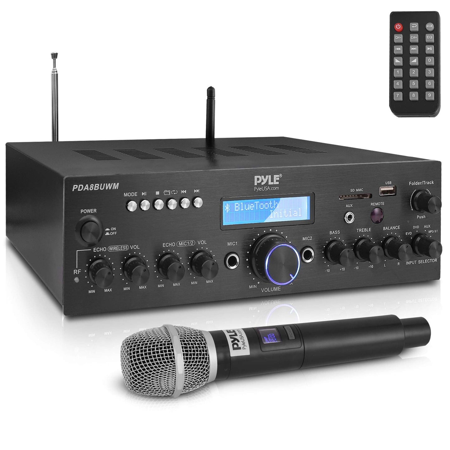Pyle Wireless Microphone Bluetooth Amplifier-200W Peak Power Dual Channel Stereo Audio Receiver w/USB,AUX in, Dual Mic Inputs w/Echo Control,RCA Input, For Karaoke,Home Theater,Music Studio- PDA8BUWM