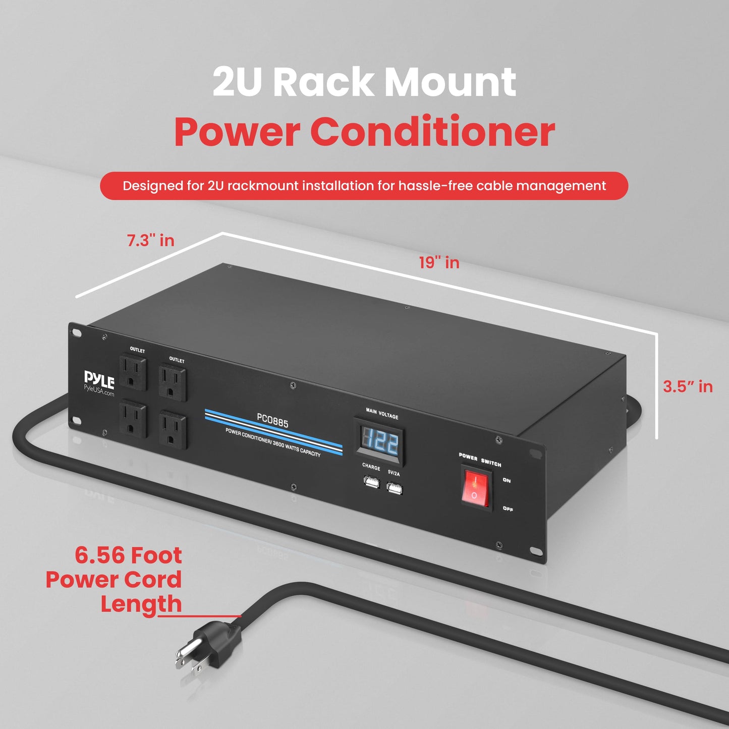 Pyle 3600W 15 Amp PDU Power Strip Surge Protector - 20 Outlet 2U Rack Mount Power Conditioner with Digital Voltage Display - USB Ports - AC Filter - Circuit Breaker - RFI/EMI Protection - PCO885