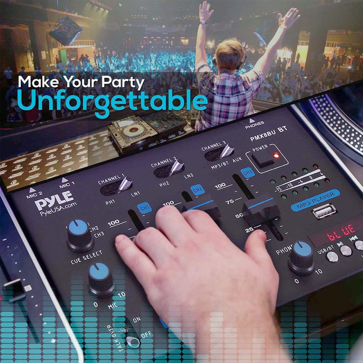 Pyle 3-Channel Wireless Bluetooth DJ Sound Mixer Controller - USB Reader - Dual RCA Phono/Line Inputs - 2 Mic Talk-Over - Headphone Jack - Crossfader - LED Display - PMX8BU