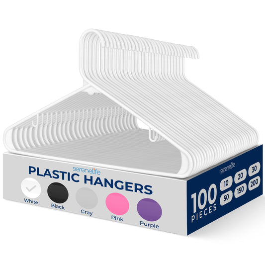 SereneLife 100-Pack Premium Plastic Hangers – Heavy Duty, Smooth White Tubular Slim Design, Space-Saving Durable Hangers for Clothes, Shirts, Pants, Suits, Coats – No Snag, Strap Hook Design