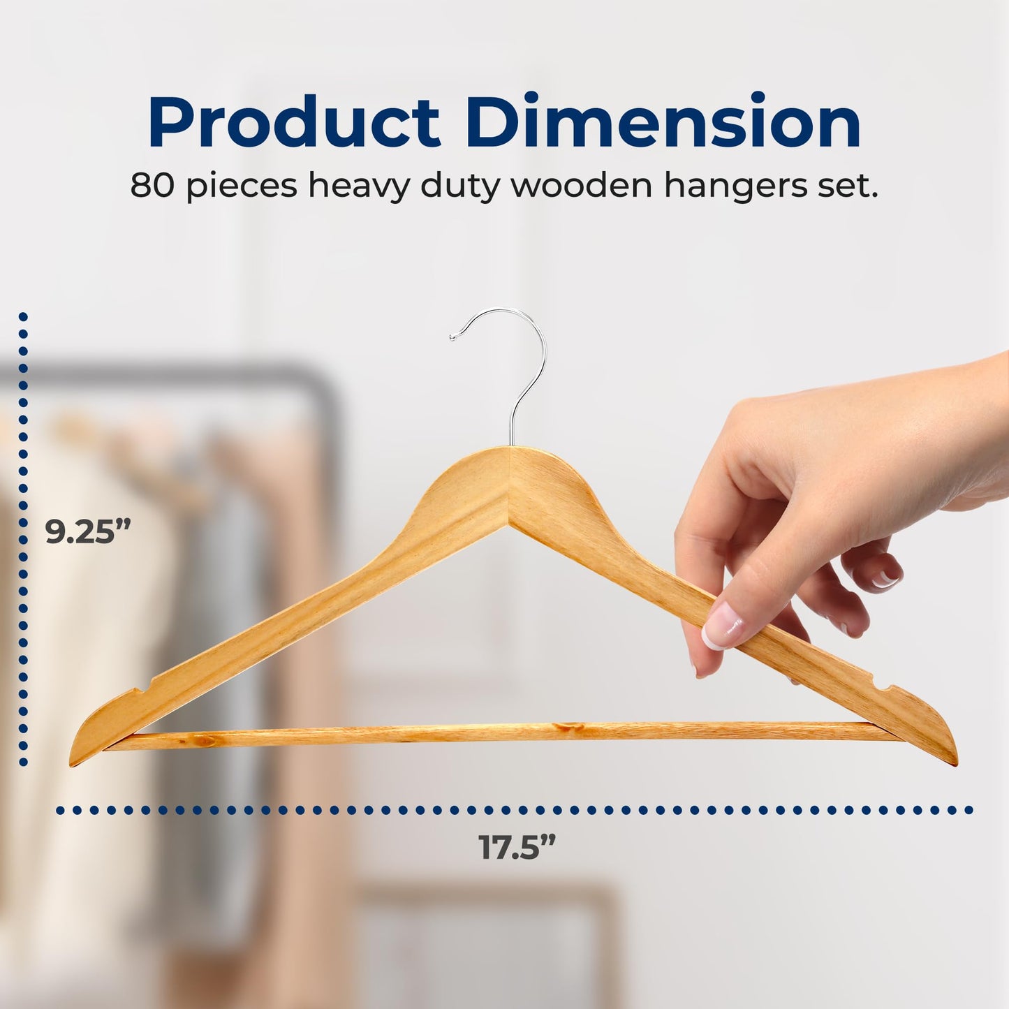 SereneLife 80-Pack Solid Wooden Hangers – Heavy Duty Natural Wood with 360° Swivel Hook, Shoulder Notches & Pants Bar – Space-Saving Design for Suits, Jackets, Dresses, Shirts & More