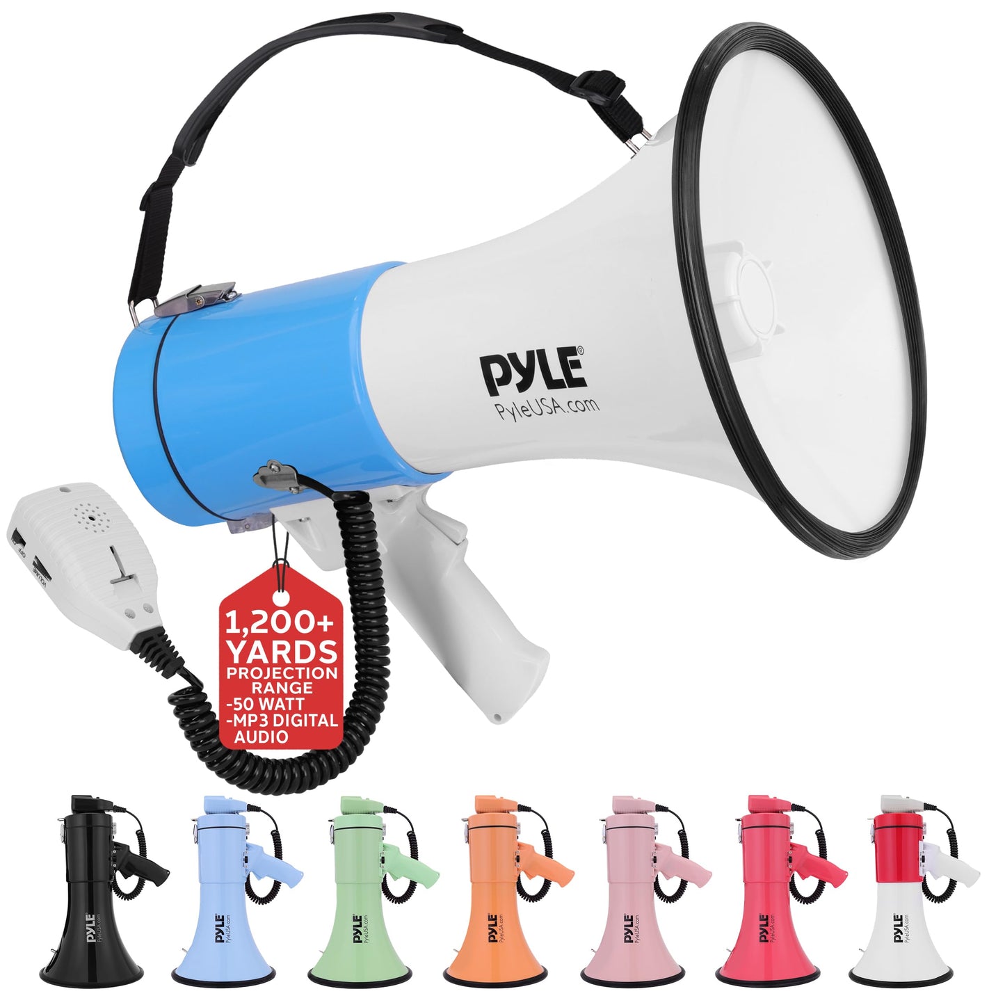 Pyle 50W Megaphone Bullhorn - Portable, Automatic Siren & Adjustable Volume,Projection Range Up to 1200 Square Yards, Aux Input, Talk, Siren, Music, Whistle, & Record, Shoulder Strap (White-Blue)