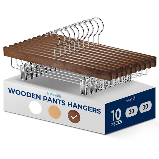 SereneLife 10 Pack Wooden Pants Hangers with Clips – Retro Brown 14"x0.5"x6.7", Heavy Duty Wood Skirt Hangers with 360° Swivel Hook & Adjustable Non-Slip Clips for Jeans Slacks Shorts