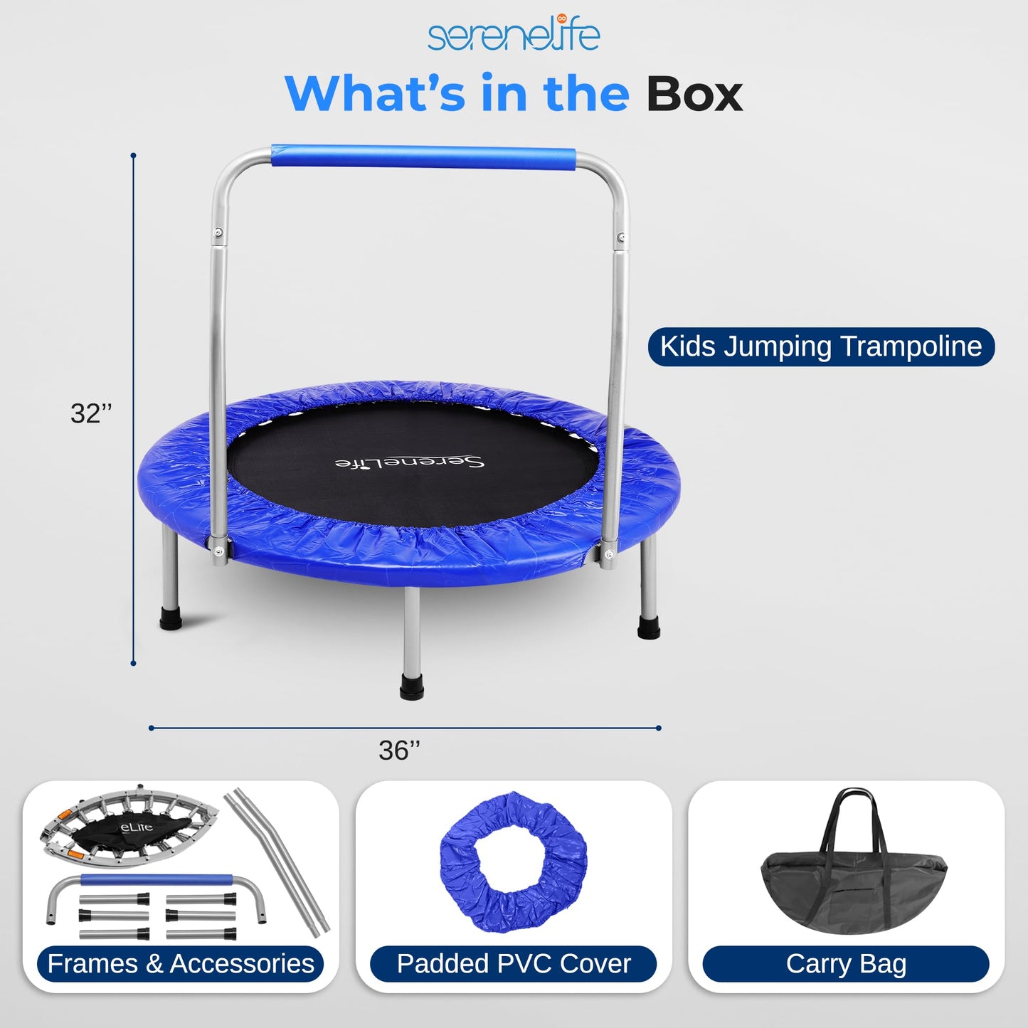 SereneLife 36" Mini Foldable Toddler Trampoline with Handle Bar, Rebounder Trampoline for Kids, Indoor/Garden Fitness & Play, Exercise Fun, Supports 220 lbs, Deep Blue