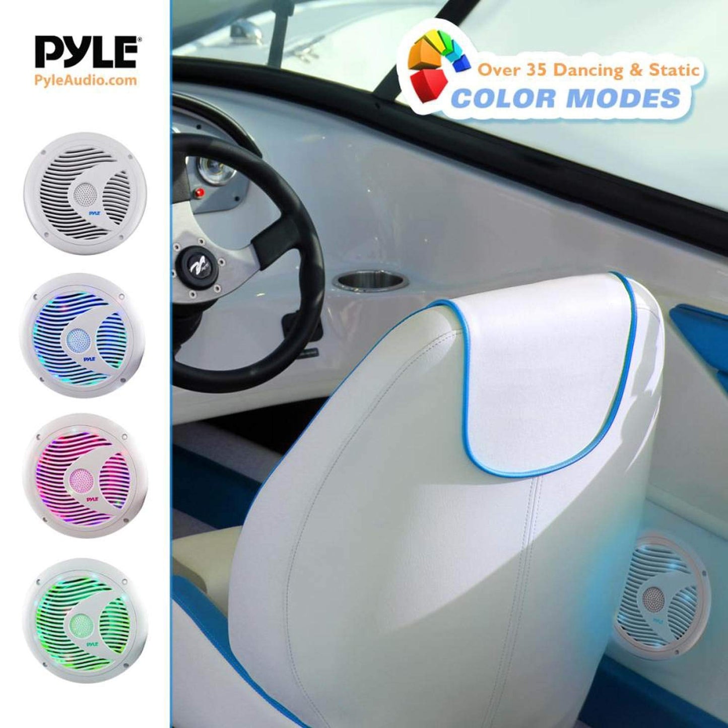 Pyle Marine Speakers, LED Lights, Waterproof, 6.5 Inch, 150 Watt Power, IP44 Grade, Polypropylene Cone, Includes Wiring & Mounting Hardware, Perfect for Marine Vehicles or Automobiles, White