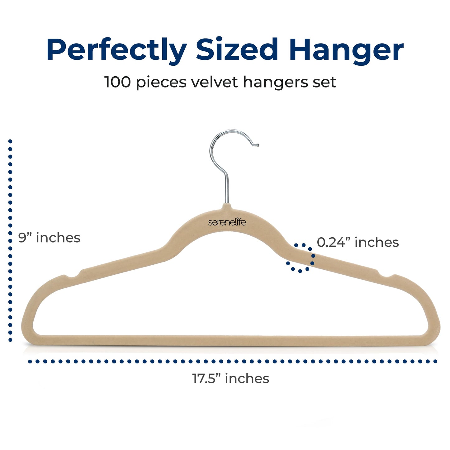 SereneLife 100 Pack Velvet Non-Slip Heavy Duty Adult Hangers – Ultra-Thin Space Saving Clothes Organizer with 360° Swivel Hook for Coats Shirts Dresses Closet Storage – Ivory