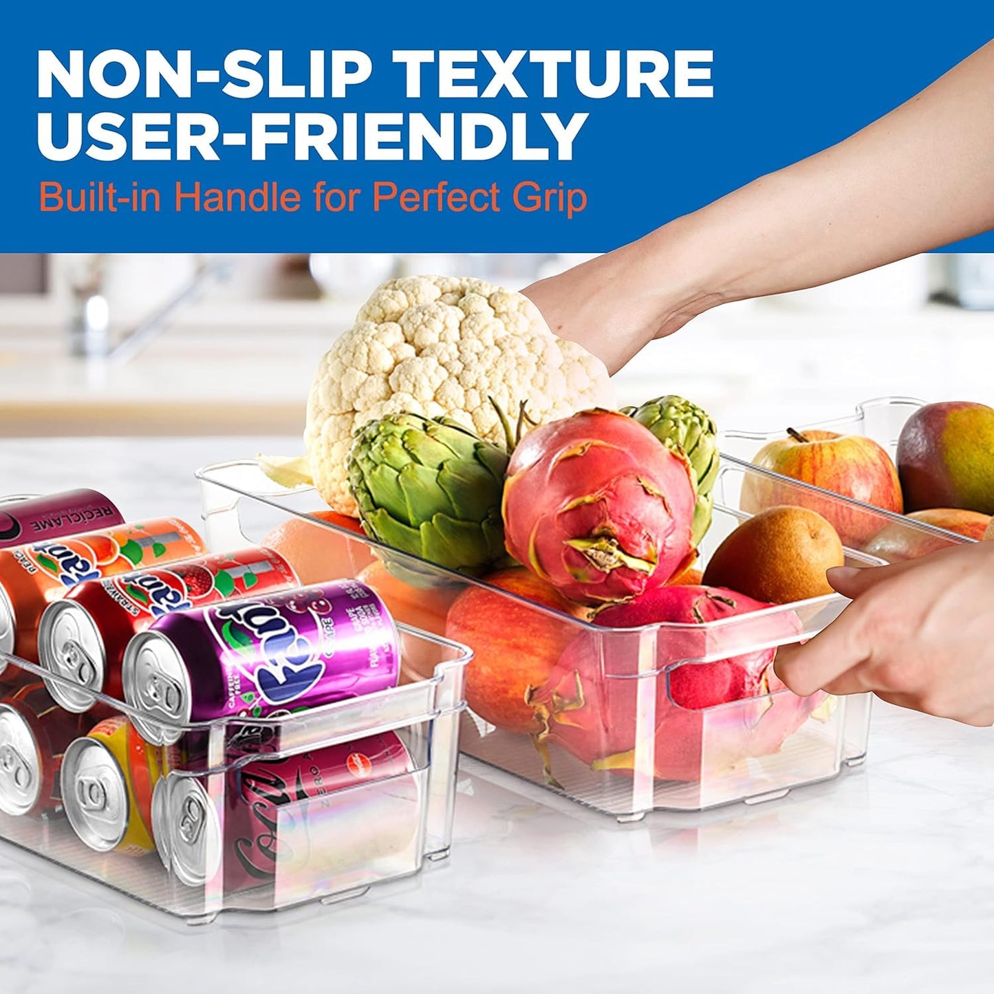 NutriChef 6-Piece Clear Refrigerator Organizer Set – 5 Wide Bins & 1 Egg Holder, BPA-Free, for Fridge, Freezer, Pantry, Cabinets & Countertops