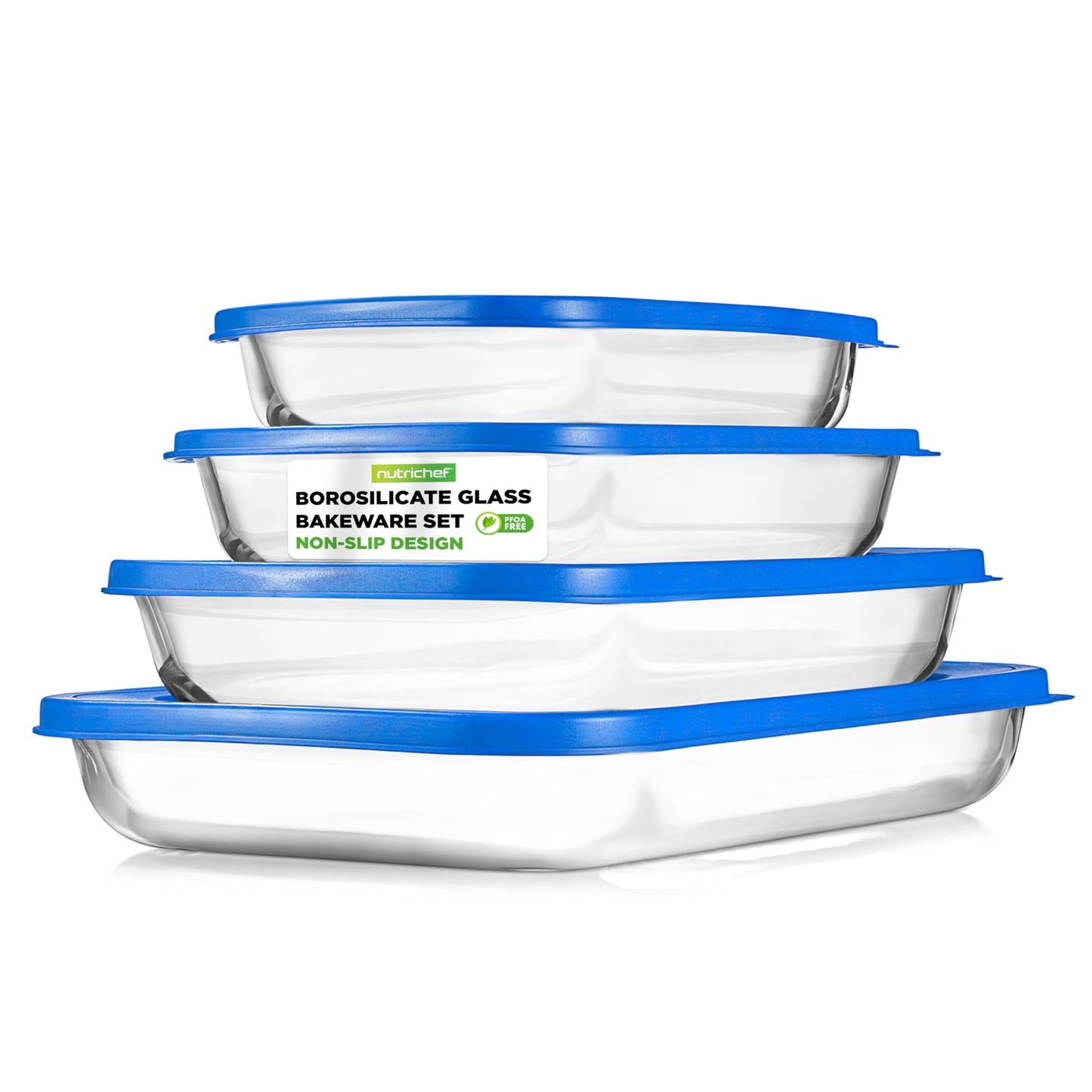 NutriChef 8-Piece Glass Baking Dish Set with Lids – Stackable Rectangular Bakeware for Lasagna, Casserole, Meatloaf, Leftovers & Storages– Oven, Freezer & Dishwasher Safe, BPA Free lid (Blue)