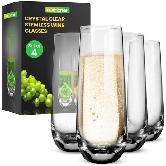 NutriChef 4-Piece Stemless Champagne Flutes Set - 6.4" Tall Crystal Glasses with Thick Heavy Base - Prosecco Wine Flute, Highball Glass, Mimosa Cocktail Glass Set, Bar Glassware - Dishwasher Safe