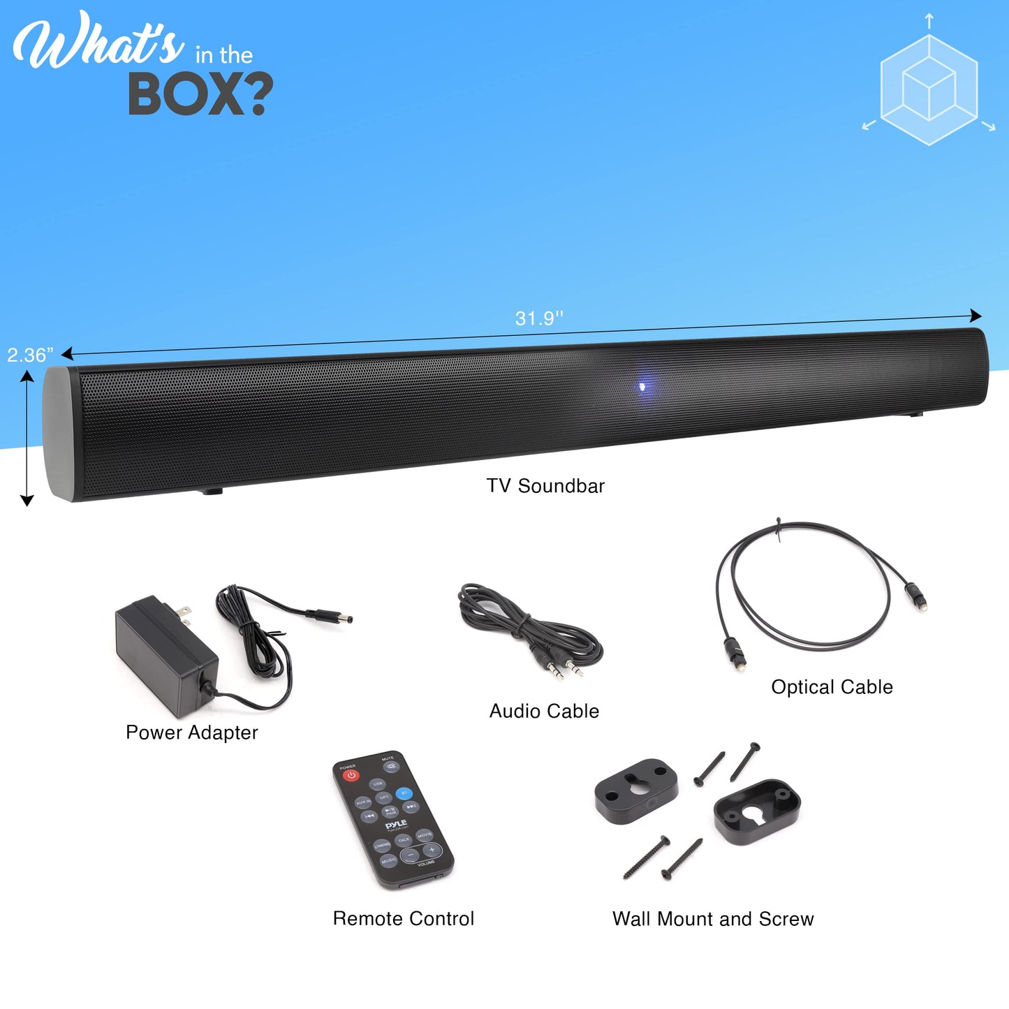 Pyle Wave Base Sound bar with Bluetooth for TV Tabletop Digital Audio Speaker System/Home Theater, Gaming, Projectors, with Remote Control, Inputs AUX, Optical in, USB - PSBV110B