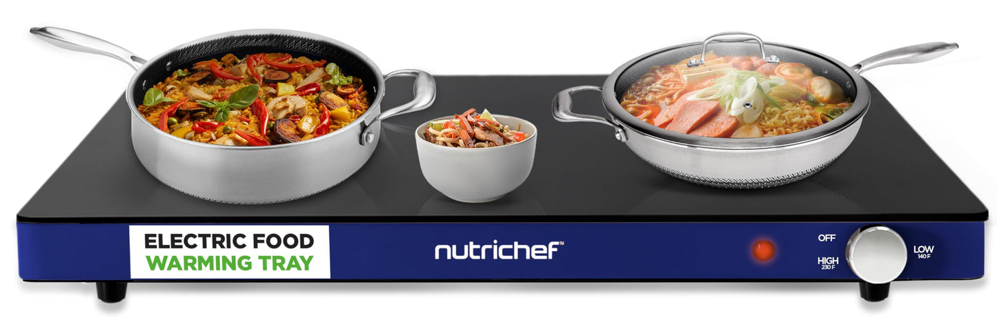 NutriChef Electric Warming Tray | Glass Surface Hot Serving Tray | Adjustable Temperature 140°F to 230°F | Energy Efficient & Space Saving | Perfect for Buffets,Parties & More | 21.2 x 16.5 IN | Blue