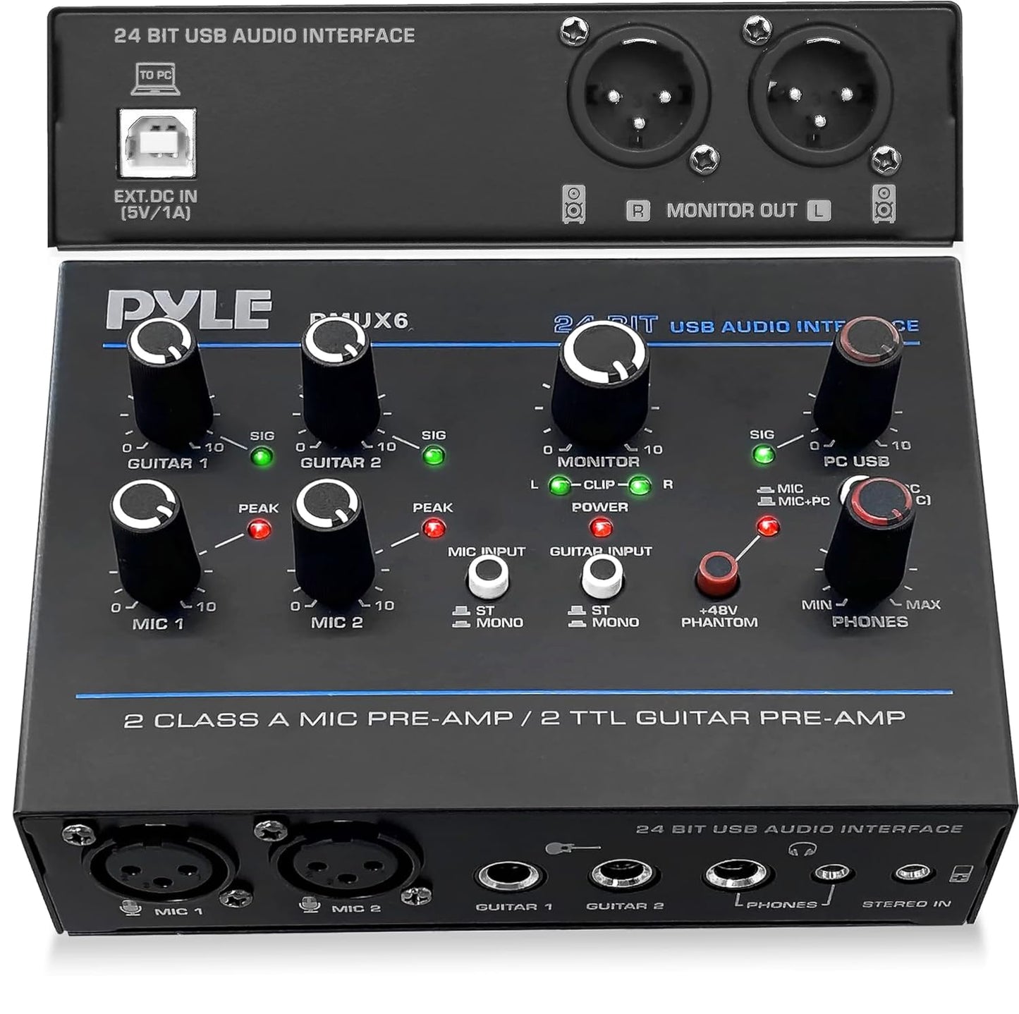 Pyle Professional USB Audio Interface - MIC/Guitar/AUX Stereo Inputs - Phone & Monitor Outputs - 48V Phantom Power - Ultra Low Noise - Compact Rugged Design - Ideal for PC Playing & Recording - PMUX6