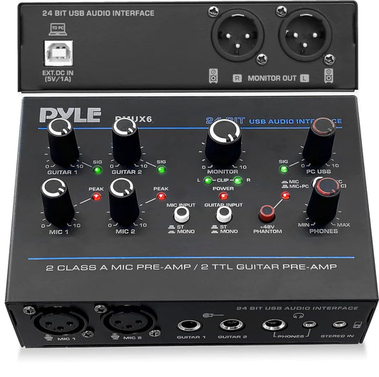 Pyle Professional USB Audio Interface - MIC/Guitar/AUX Stereo Inputs - Phone & Monitor Outputs - 48V Phantom Power - Ultra Low Noise - Compact Rugged Design - Ideal for PC Playing & Recording - PMUX6