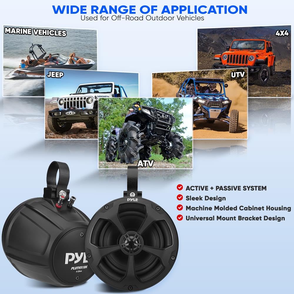 Pyle 2-Way Waterproof Off Road Speakers 1000 Watts - 5.25" Active Passive Marine Grade Wakeboard Tower Speakers System, Full Range Outdoor Stereo Speaker for ATV/UTV Jeep Boat - Pyle PLUTV53BTA