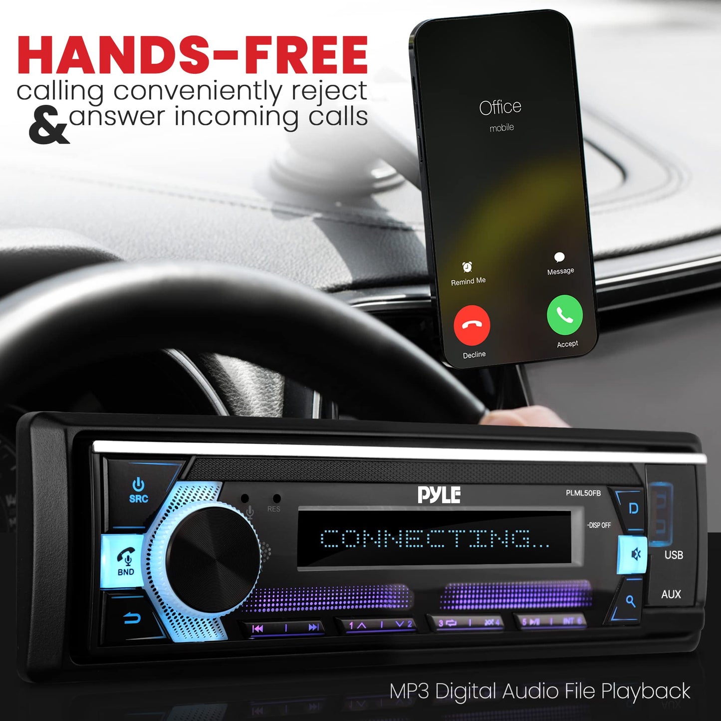 Pyle Bluetooth Stereo Headunit Receiver - In-Dash Single DIN Head Unit Receiver Power Amplifier System w/ Hands-Free Calling, LCD, AM/FM Radio, MP3/USB/AUX - Vehicle Car Bus Truck RV, Black - PLML50FB