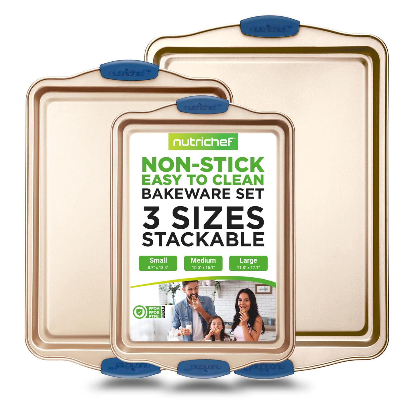 NutriChef 3-Piece Nonstick Bakeware Set - Premium Carbon Steel Oven Baking Trays w/Blue Silicone Handles - Small, Medium & Large Cookie Sheet Pans - PFOS, PFOA, PTFE-Free, Easy to Clean
