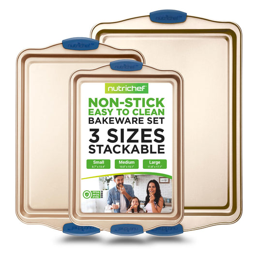 NutriChef 3-Piece Nonstick Bakeware Set - Premium Carbon Steel Oven Baking Trays w/Blue Silicone Handles - Small, Medium & Large Cookie Sheet Pans - PFOS, PFOA, PTFE-Free, Easy to Clean