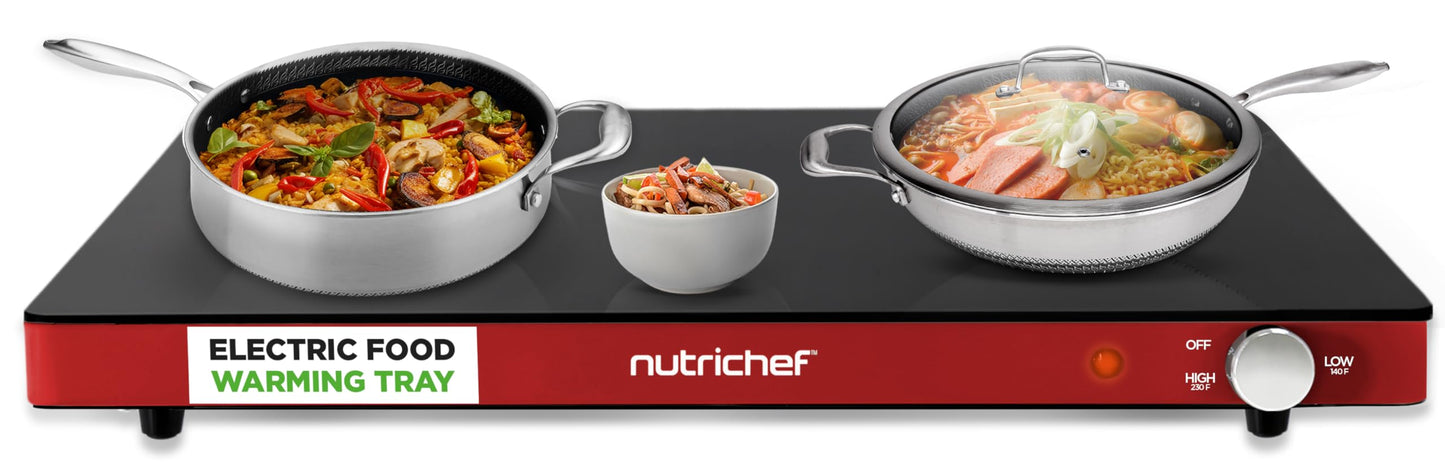 NutriChef Electric Warming Tray | Glass Surface Hot Serving Tray | Adjustable Temperature 140°F to 230°F | Energy Efficient & Space Saving | Perfect for Buffets,Parties & More | 21.2 x 16.5 IN | Red
