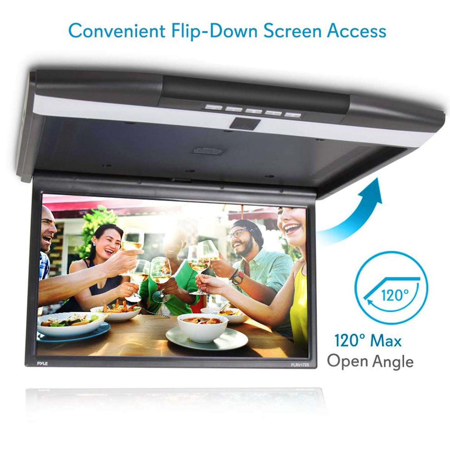 Pyle Car Overhead Monitor Screen Display - 17.3 inch. LCD Vehicle Flip Down Roof Mount Console - HDMI TV Player Control Panel w/ Built-in IR Transmitter for Wireless IR Headphone - Pyle PLRV1725