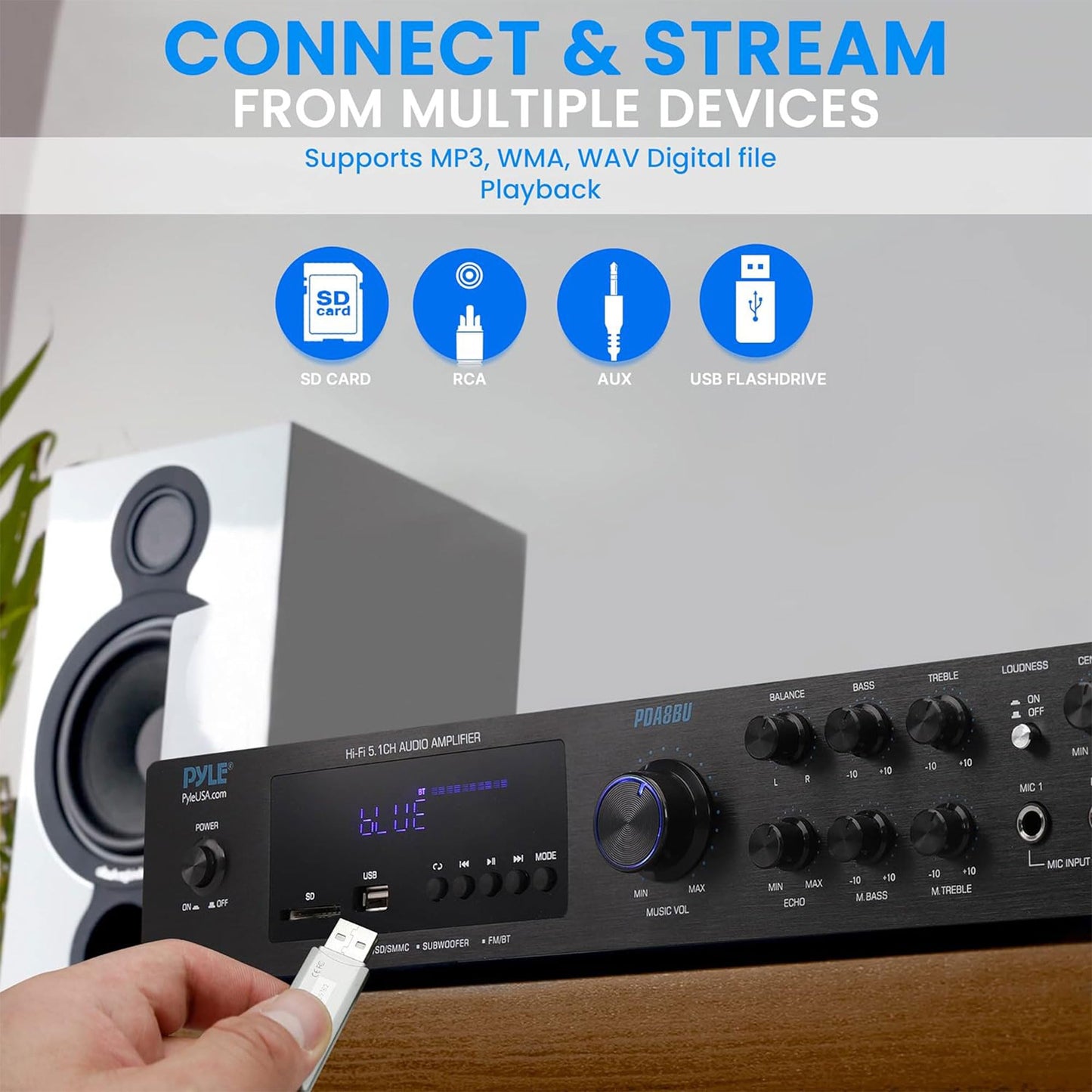 Pyle 5-Channel Wireless Bluetooth 5.0 Audio Amplifier - Stereo Amp for Home Speakers with MP3/USB/SD - AUX - FM Radio - 2 Mic Inputs w/ Echo - Subwoofer Output - VFD Display - Remote Control - PDA8BU