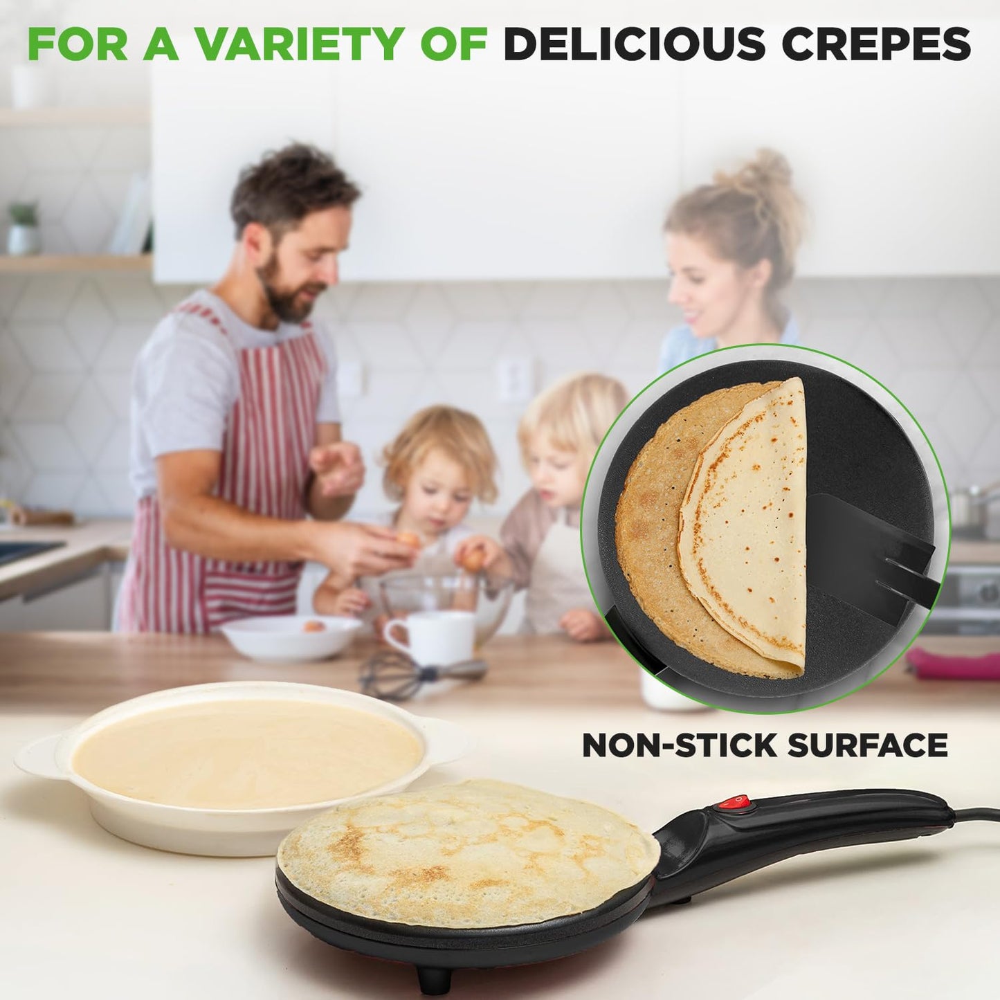 Nutrichef Electric Crepe Maker | 8-inch Nonstick Cooktop with On/Off Switch | Cooks Roti, Tortillas & Pancakes | Automatic Temperature Control & Cool Touch Handle | Includes Food Bowl, Whisk & Spatula