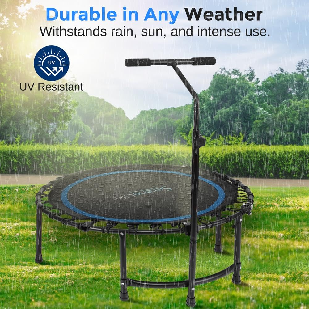 SereneLife 40/48" Foldable Mini Trampoline - Compact Fitness Trampoline for Kids Adults, Exercise Bungee Rebounder with Adjustable Foam Handle, Indoor/Garden Workout Equipment, Max Load 264 lbs