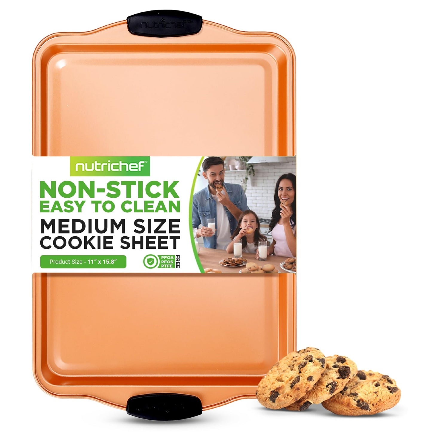 Nutrichef 15” Nonstick Cookie Sheet for Baking - Premium Grade Carbon Steel Non-Stick Baking & Roasting Pan w/ Silicone Handles - Dishwasher Safe, Copper