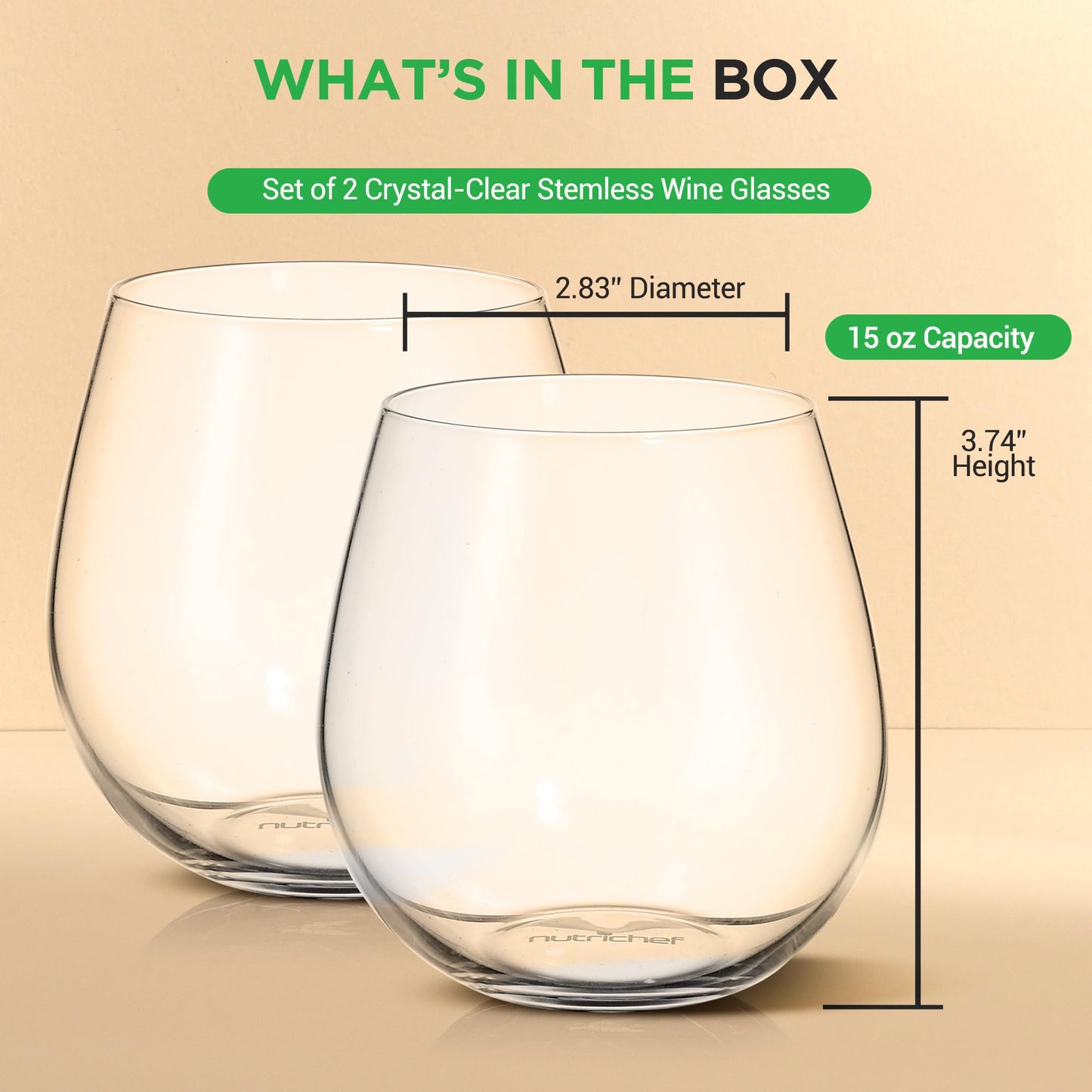 NutriChef Stemless Wine Glasses (Set of 2) 15 Oz, Crystal Clear Red And White Wine Glasses For Daily Use, Home Bar, Parties, Hosting, Evening Party, Birthdays, Shower, Housewarming Gift