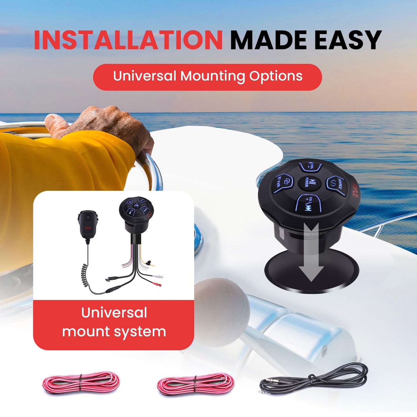 Pyle Marine Bluetooth Receiver Speaker Kit - Waterproof Audio Entertainment System Set w/Dual 6.5' Boat Speakers, Wireless BT Controller, Compact Handheld Broadcasting Microphone (White)