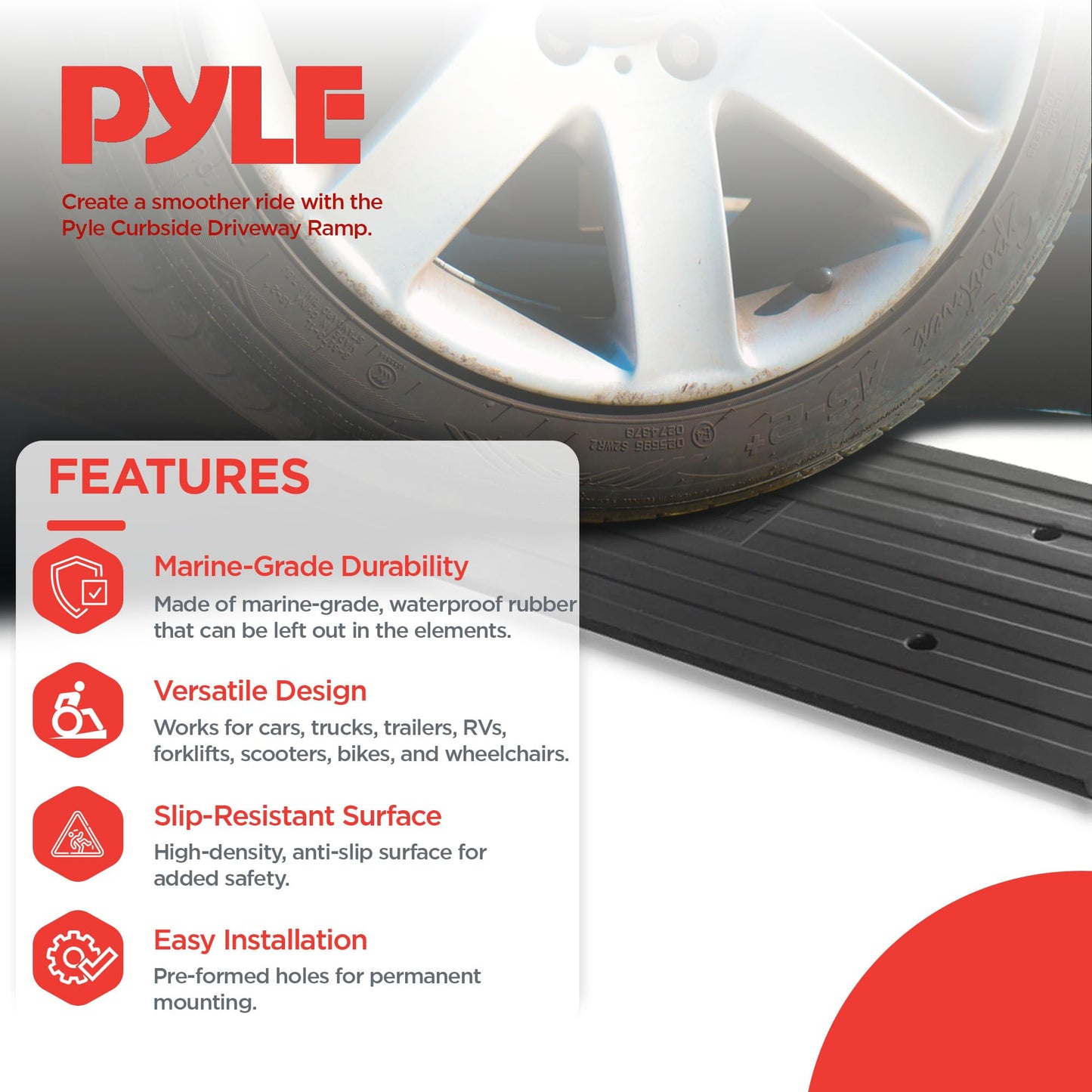 Car Driveway Curb Ramp - Heavy Duty Rubber Threshold Ramp - Also for Loading Dock, Garage, Sidewalk, Truck, Scooter, Bike, Motorcycle, Wheelchair Mobility & Other Vehicle - Pyle PCRBDR24