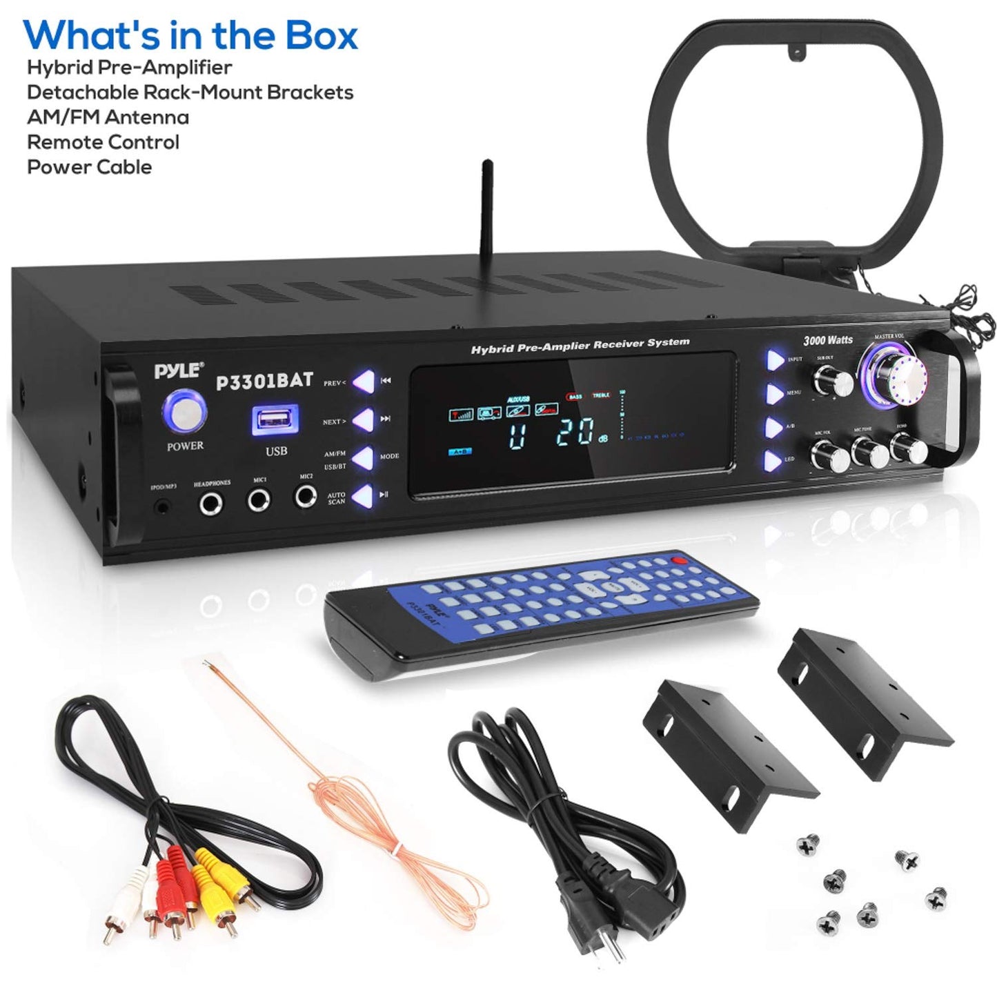 Pyle 3000W Bluetooth 5.0 Home Stereo Amplifier - Hybrid Multi-Channel Audio Receiver w/ AM/FM Radio - MP3/USB - AUX - RCA - 2 Mic Inputs - Speaker Selector - Rack Mount - Remote - P3301BAT