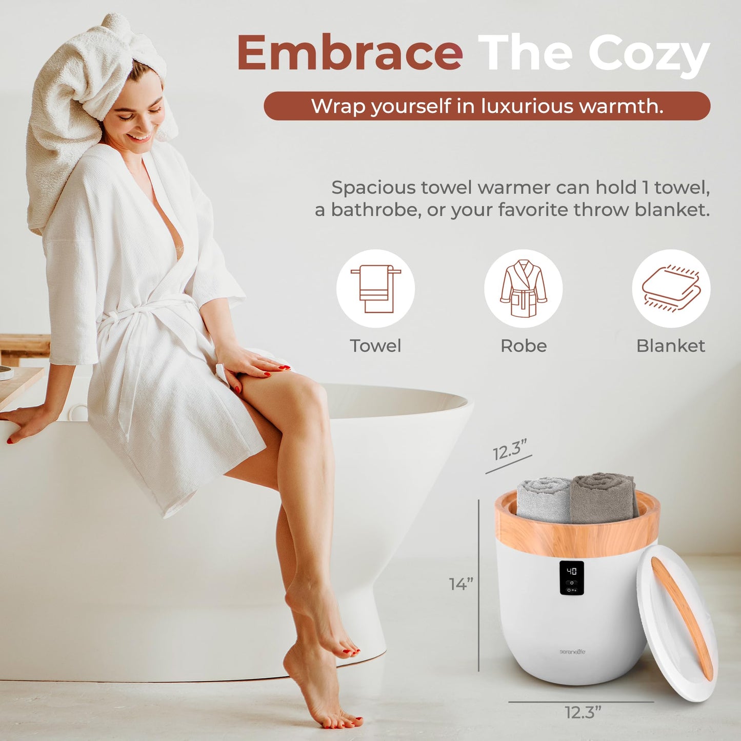 SereneLife Counter Towel Warmer Bucket - with Customized Fragrance for Spa and Bathroom, Luxury Heater, Auto Shut Off, Fits 1 Large Blanket, Bathrobe, PJs (Wood)