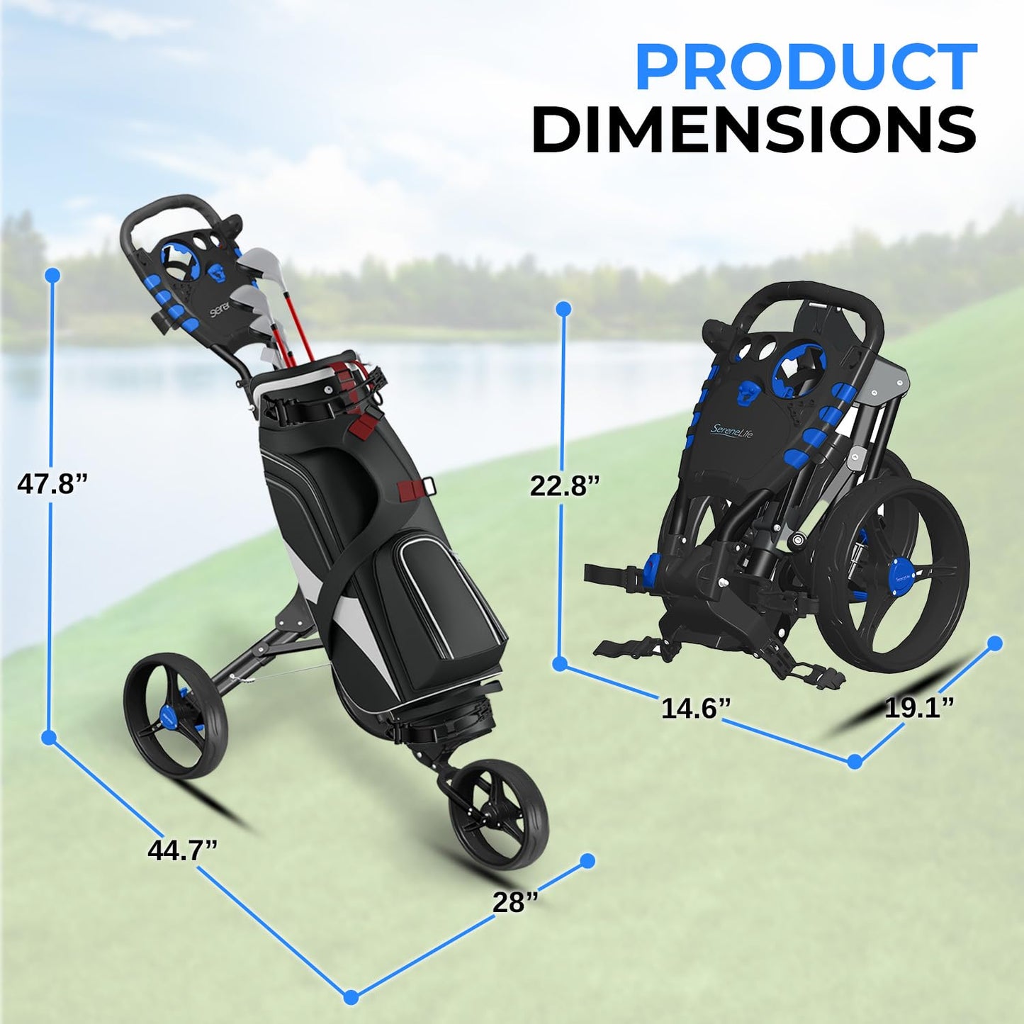 SereneLife Foldable 3-Wheel Golf Push Cart with Ergonomic Handle – Lightweight Aluminum Frame, Quick Fold, Deluxe Scorecard & Cup Holder, Umbrella Storage – Easy to Push & Store – Black Golf Caddy