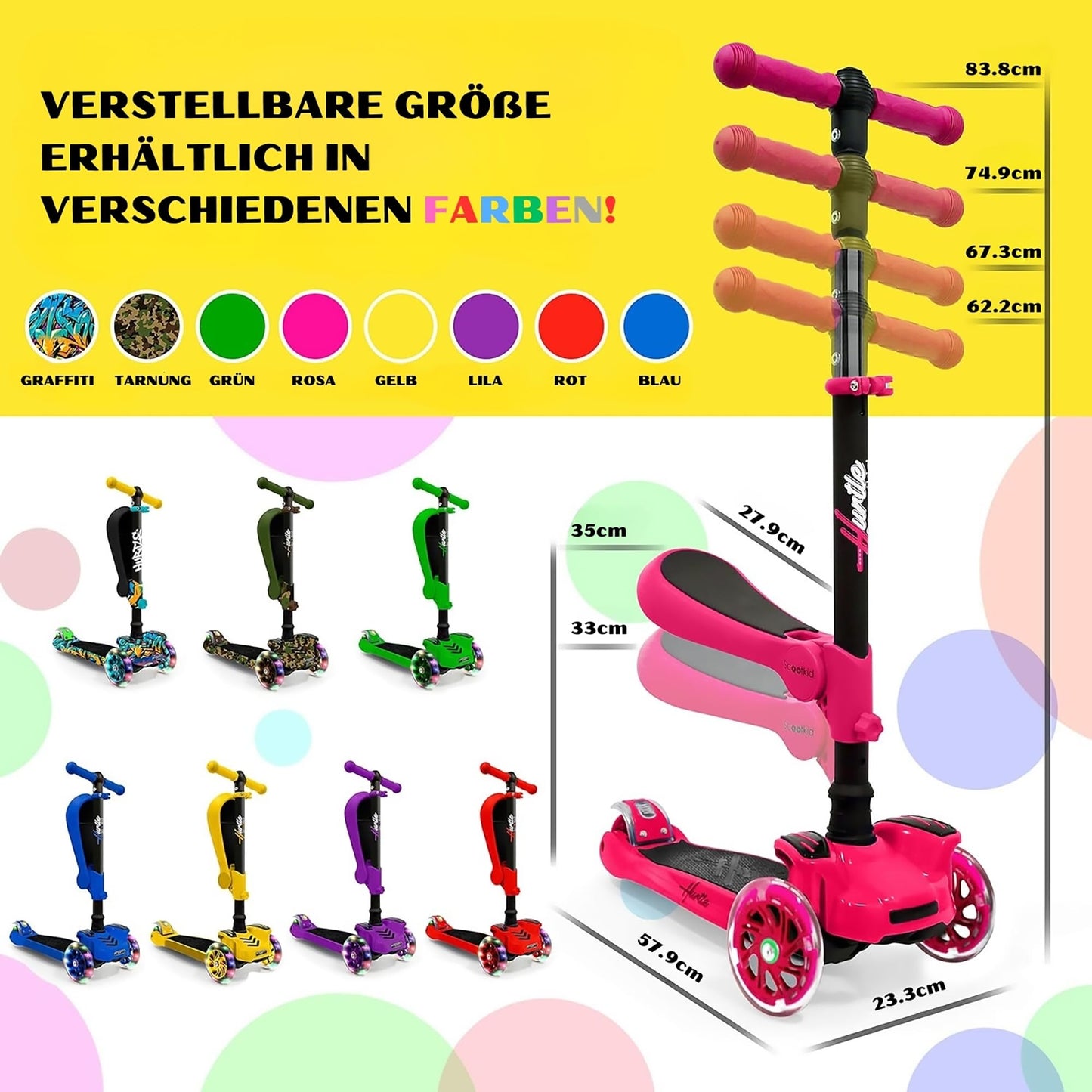 Hurtle Kids Scooter - Child Toddler Kick Scooter Toy with Foldable Seat - 3 Wheel Scooter with Adjustable Height, Anti-Slip Deck, Flashing Wheel Lights, for Boys/Girls 1-12 Year Old, Pink