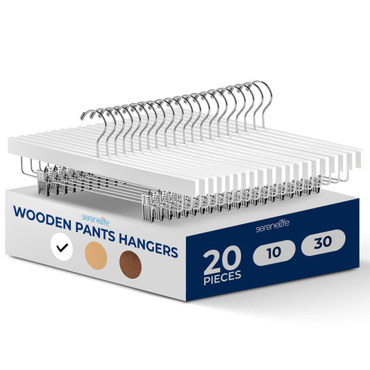 SereneLife 20 Pack Wooden Pants Hangers with Clips – White 14"x0.5"x6.7", Heavy Duty Skirt Hangers with Adjustable Non-Slip Steel Clips & 360° Swivel Hook for Jeans Slacks Shorts